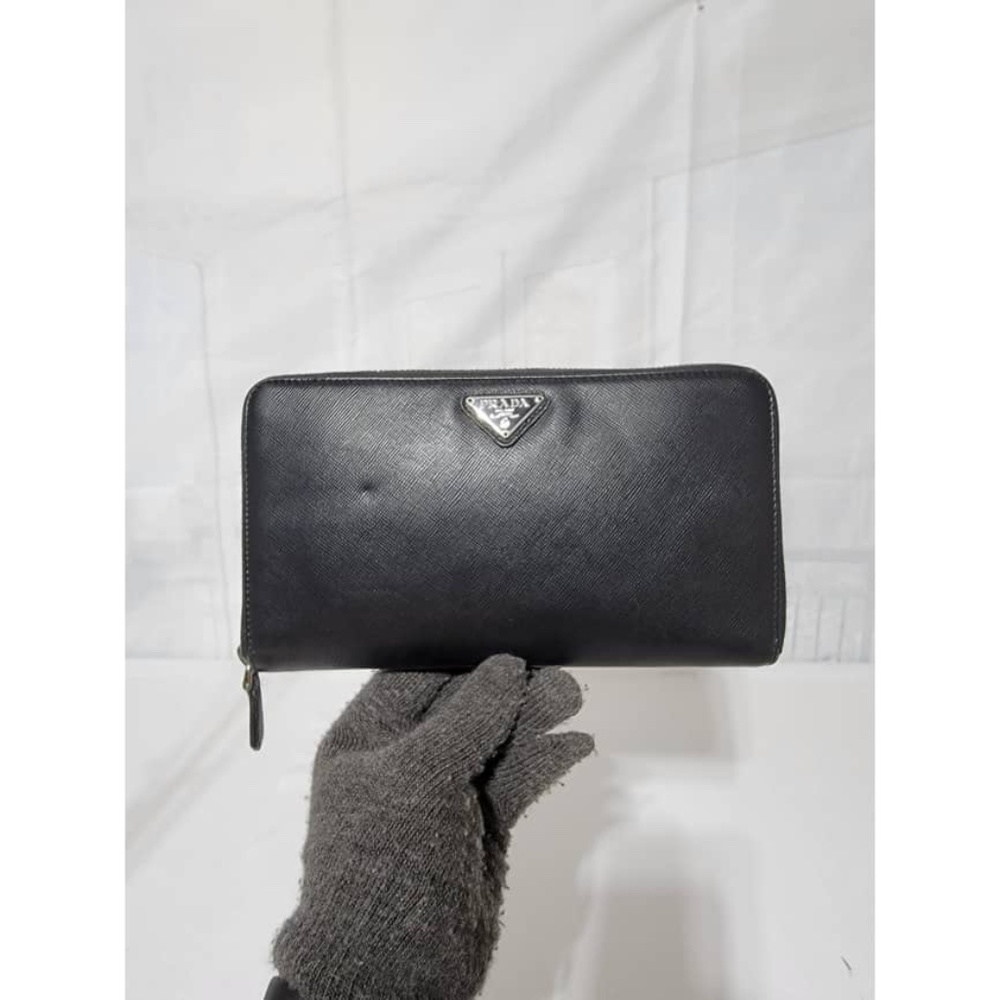 Authentic Prada Saffiano Leather Zip Around Wallet Black